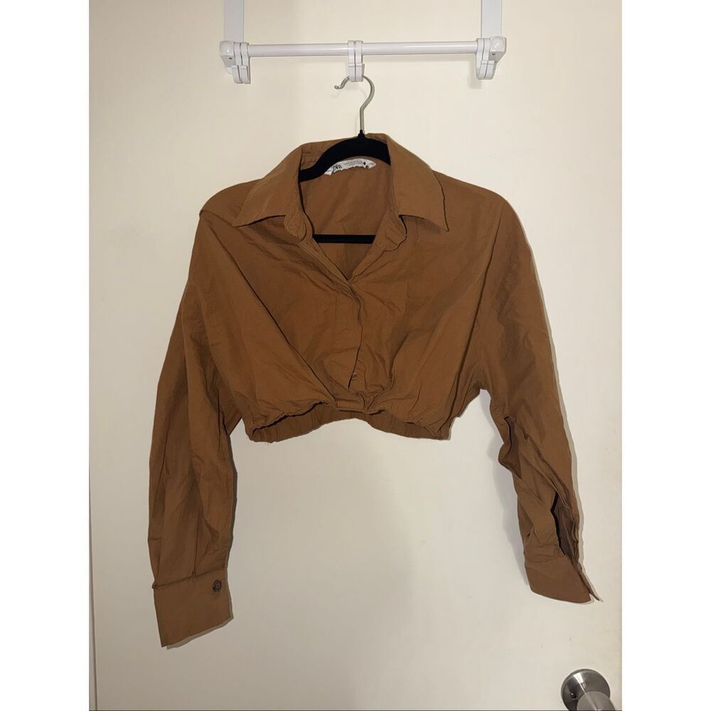 Zara cropped long sleeve collared button down brown top size XS